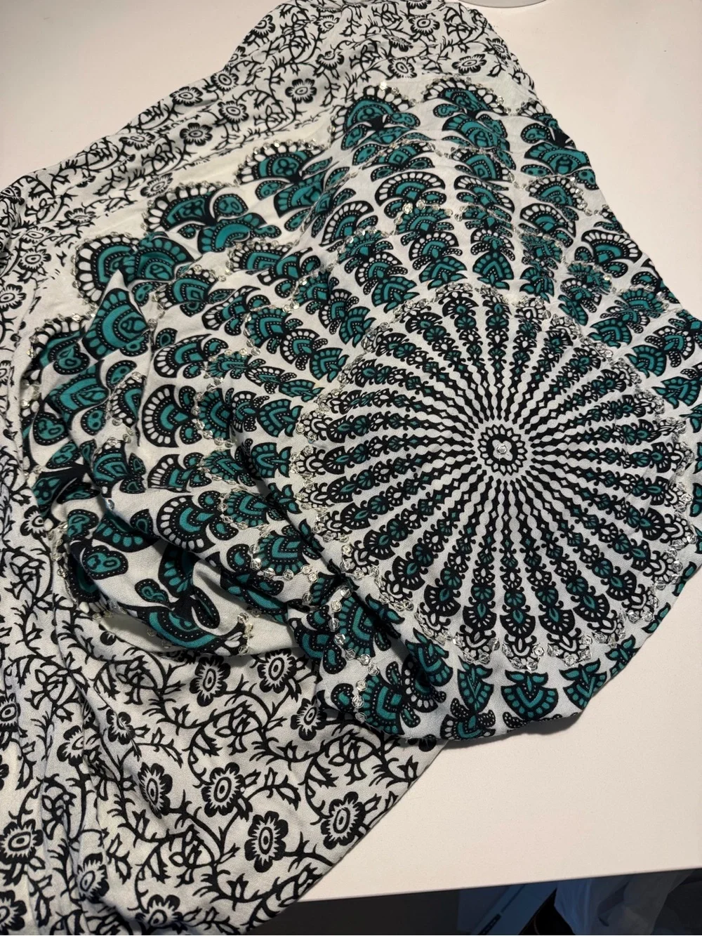 Bohemian Teal Black Mandala oversized scarf with silver sequin detail  tassels
